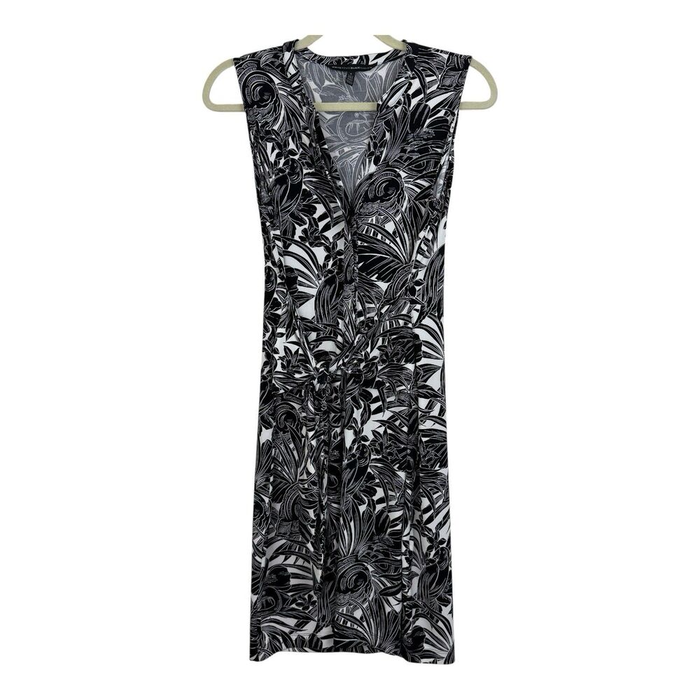 WHBM Tie Front Dress Women Sz Small Sleeveless Black White Jersey Tropical Print